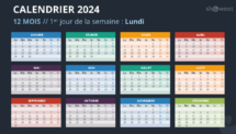 Mise en page du calendrier de l'année complète 2024 avec début lundi - Diapo 4