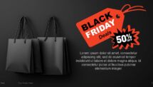Black Friday deals slide in PowerPoint template with bold red text and shopping icons.