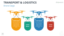 Four drones in different colors carrying text blocks, illustrating drone cargo logistics in a presentation.