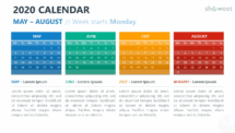 Calendar 2020 PowerPoint Template - 4 Months (May-Aug) Week Starts Monday