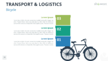 Bicycle illustration with three vertical colored blocks representing different steps or processes, featured in the Transport & Logistics template for PowerPoint.