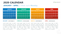 Calendar 2020 PowerPoint Template - 4 Months (Jan-Apr) Week Starts Monday