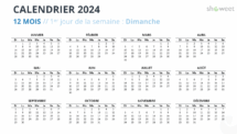 Mise en page du calendrier de l'année complète 2024 avec début dimanche - Diapo 2