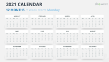 Calendar 2021 for PowerPoint - 12 Months (Year) Week Starts Monday - Option 7