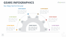 Semi-circular diagram over a large faded gear showing six labeled steps for workflow presentations in PowerPoint and Google Slides.