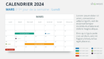 Mise en page du calendrier mensuel 2024 pour Mars, début lundi