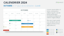 Mise en page du calendrier mensuel 2024 pour Octobre, début lundi