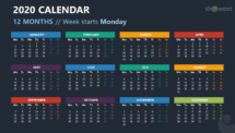 Calendar 2020 PowerPoint Template - 12 Months Week Starts Monday (Dark)