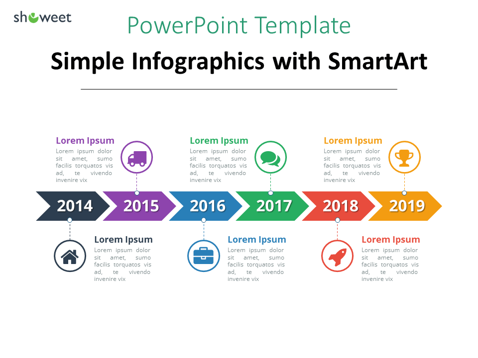 Exemple de frise chronologique (timeline) simple utilisant un graphique SmartArt composé de chevrons